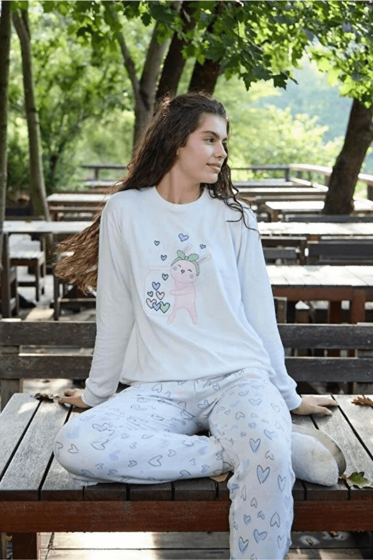 Tavşan Kalp Desenli Kadın Termal Pijama Takımı