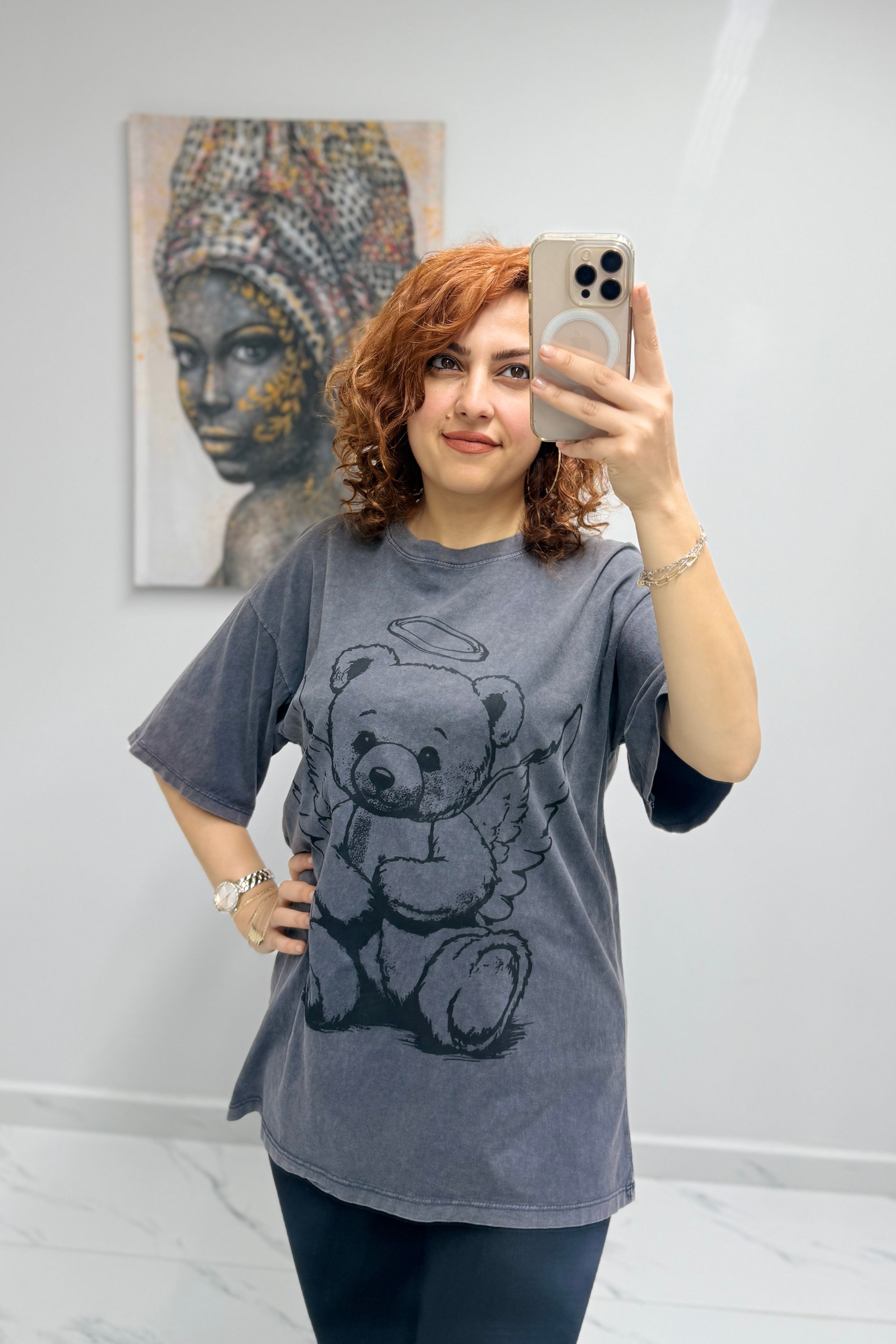 Kanatlı Panda Desenli Yıkamalı Tişört