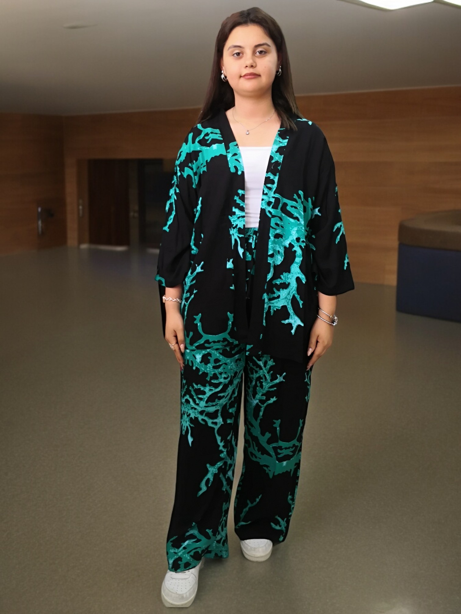Viskon Desenli Kimono Takım - Su Yeşili
