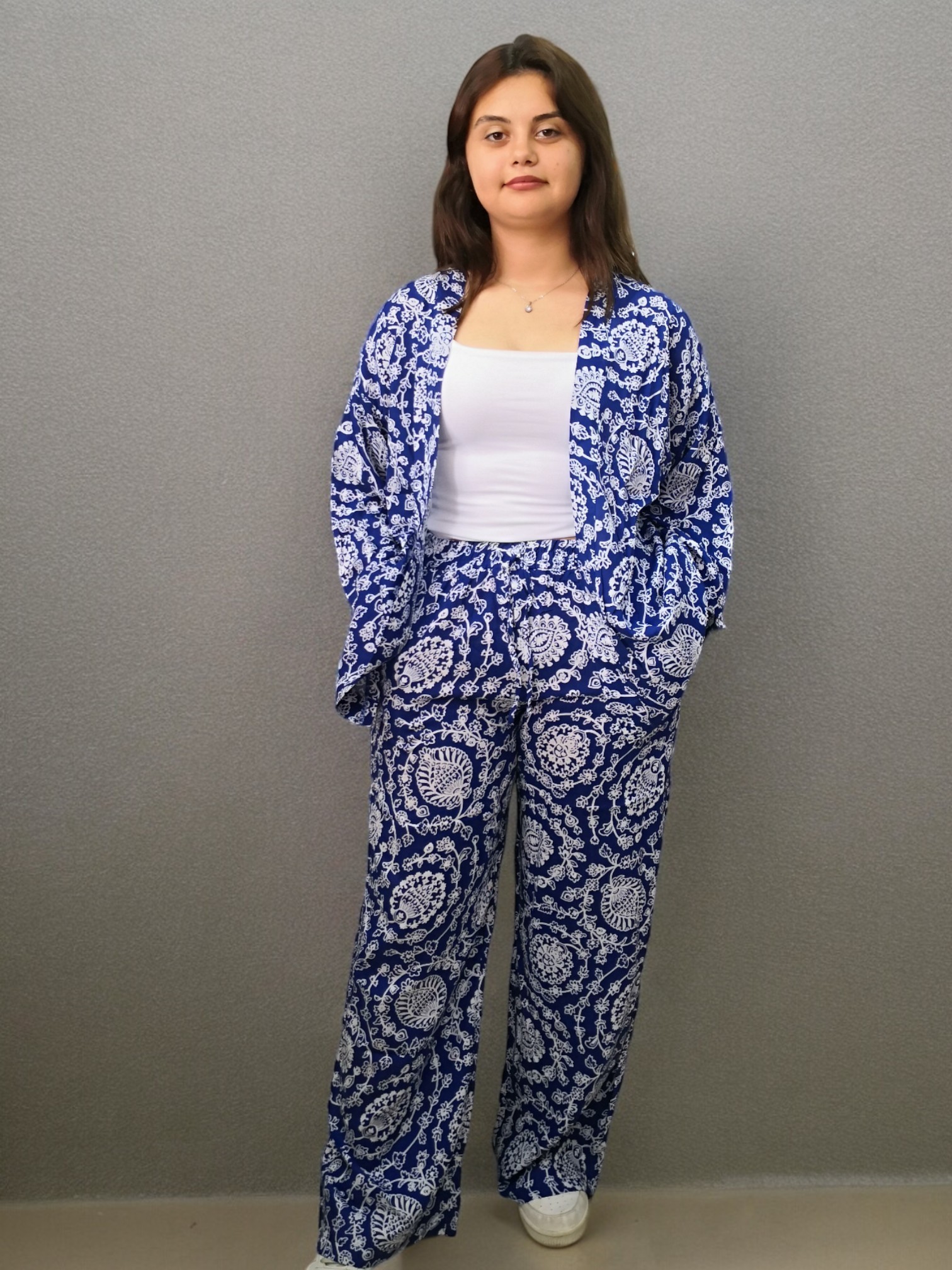 Viskon Desenli Kimono Takım - Mavi