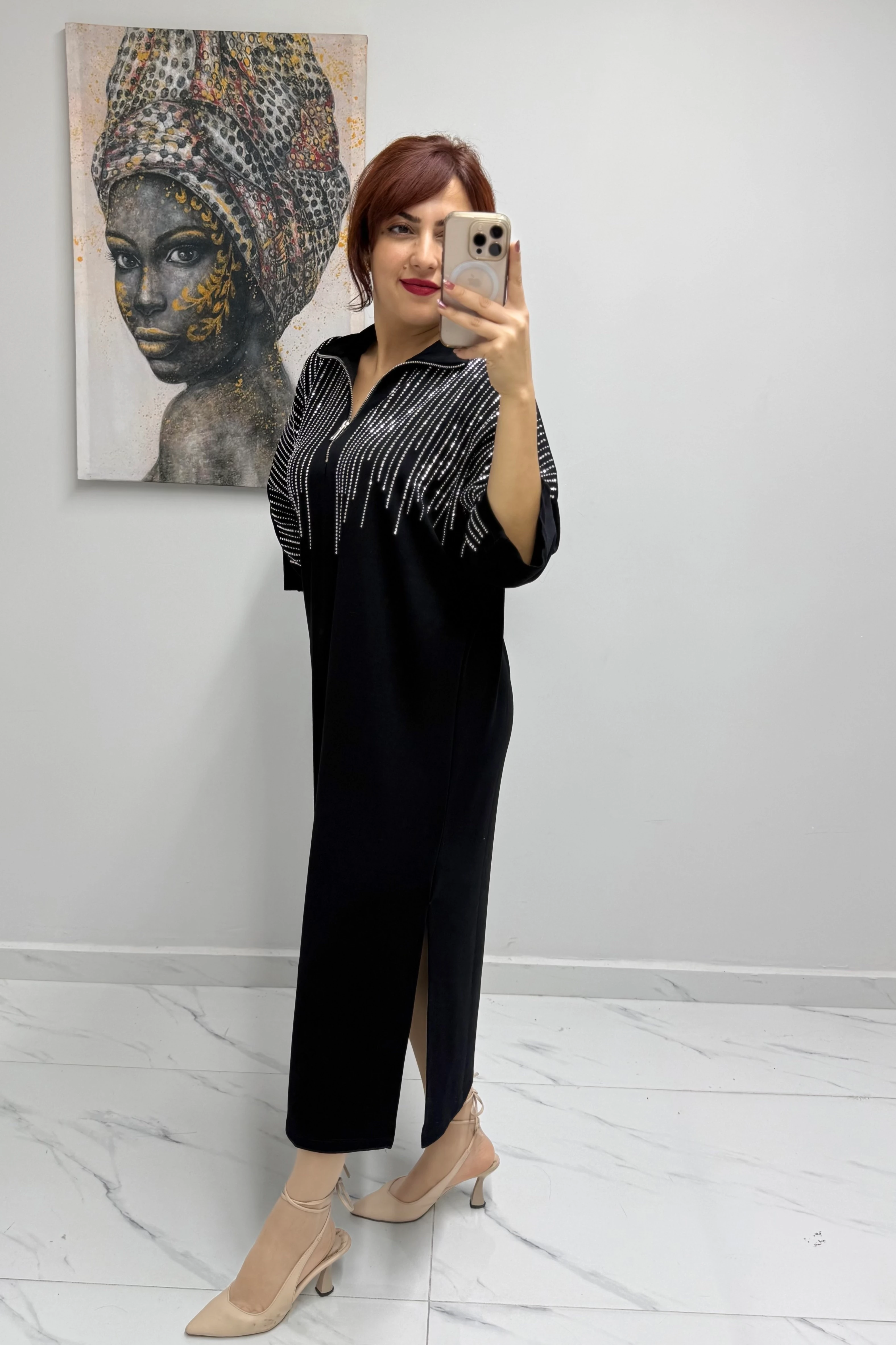 Taşlı Fermuarlı Modal Elbise