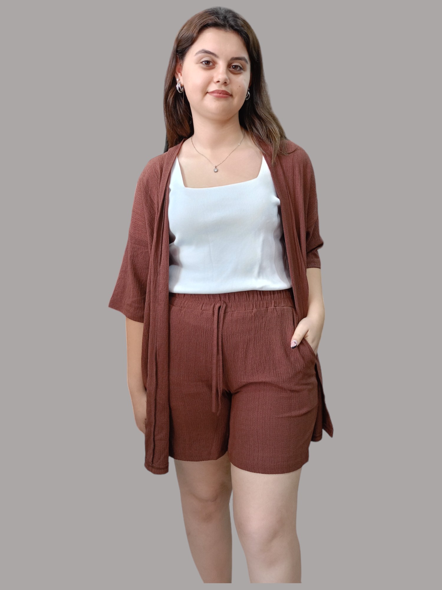 Bürümcük Kumaş Şortlu Kimono Takım