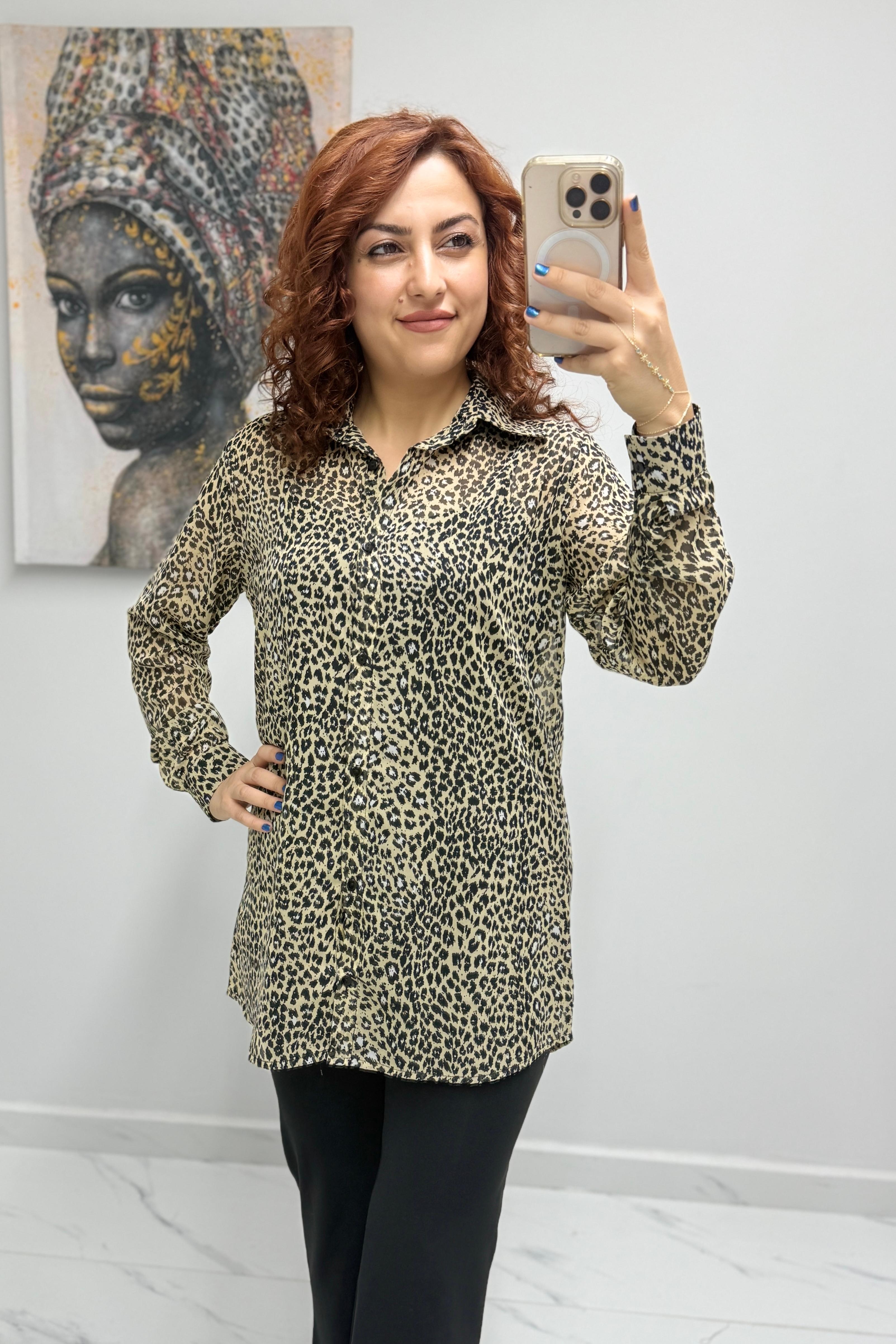 Leopar Desenli Şifon Gömlek