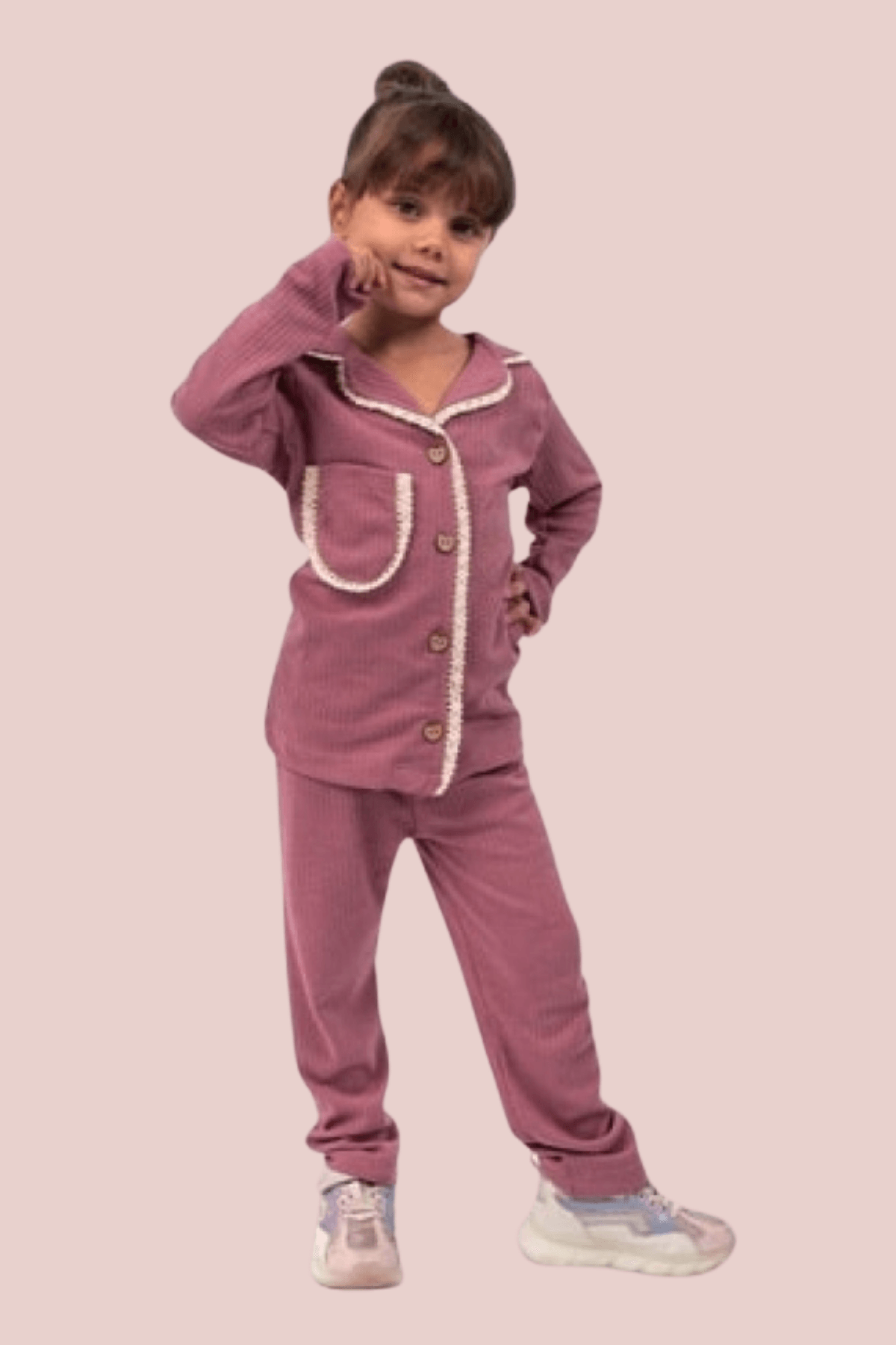 Önü Düğmeli Cepli Kız Çocuk Pijama Takımı