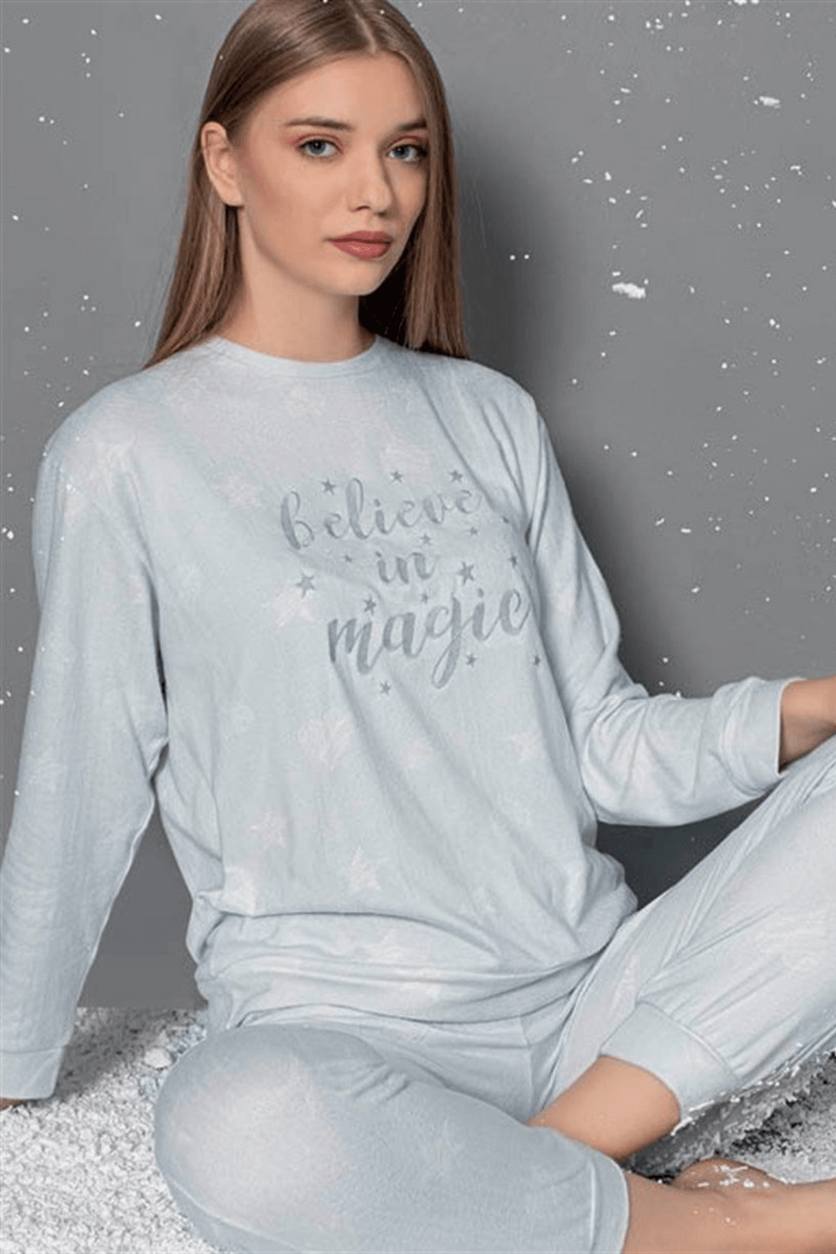 Termal Gri Yıldız Desenli Uzun Kollu Pijama Takımı