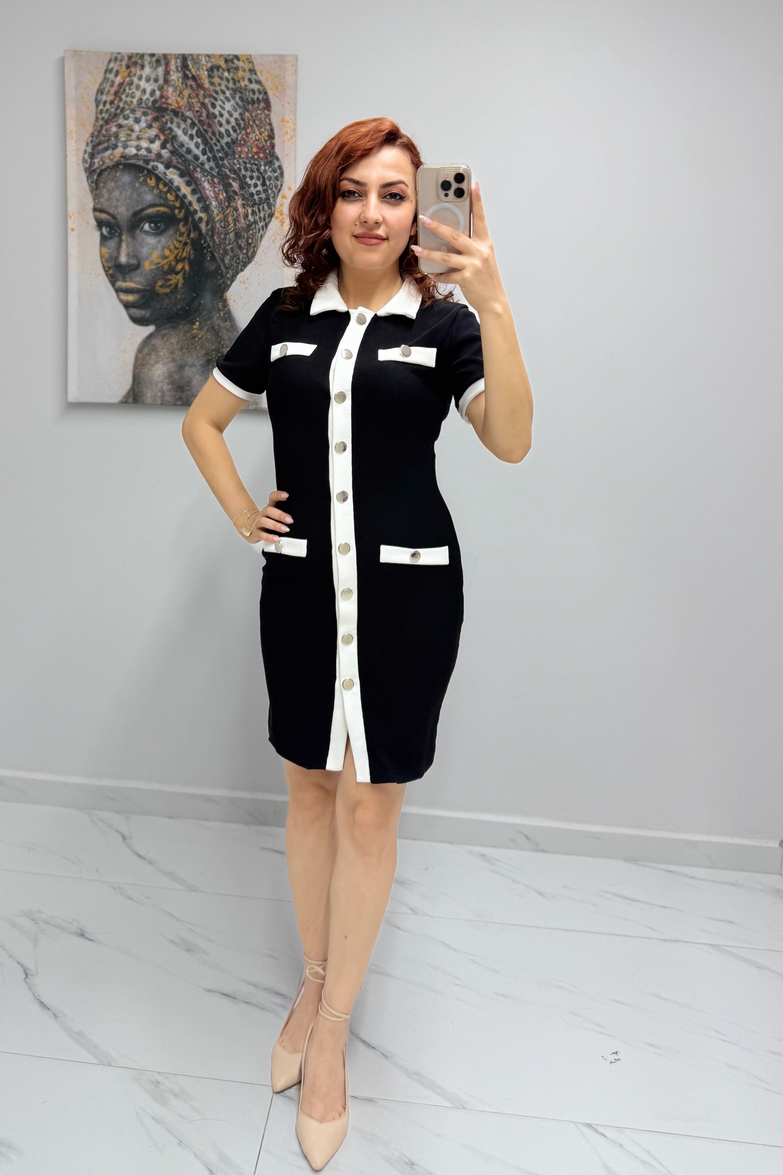 Ottoman Kumaş Düğmeli Kısa Kollu Elbise