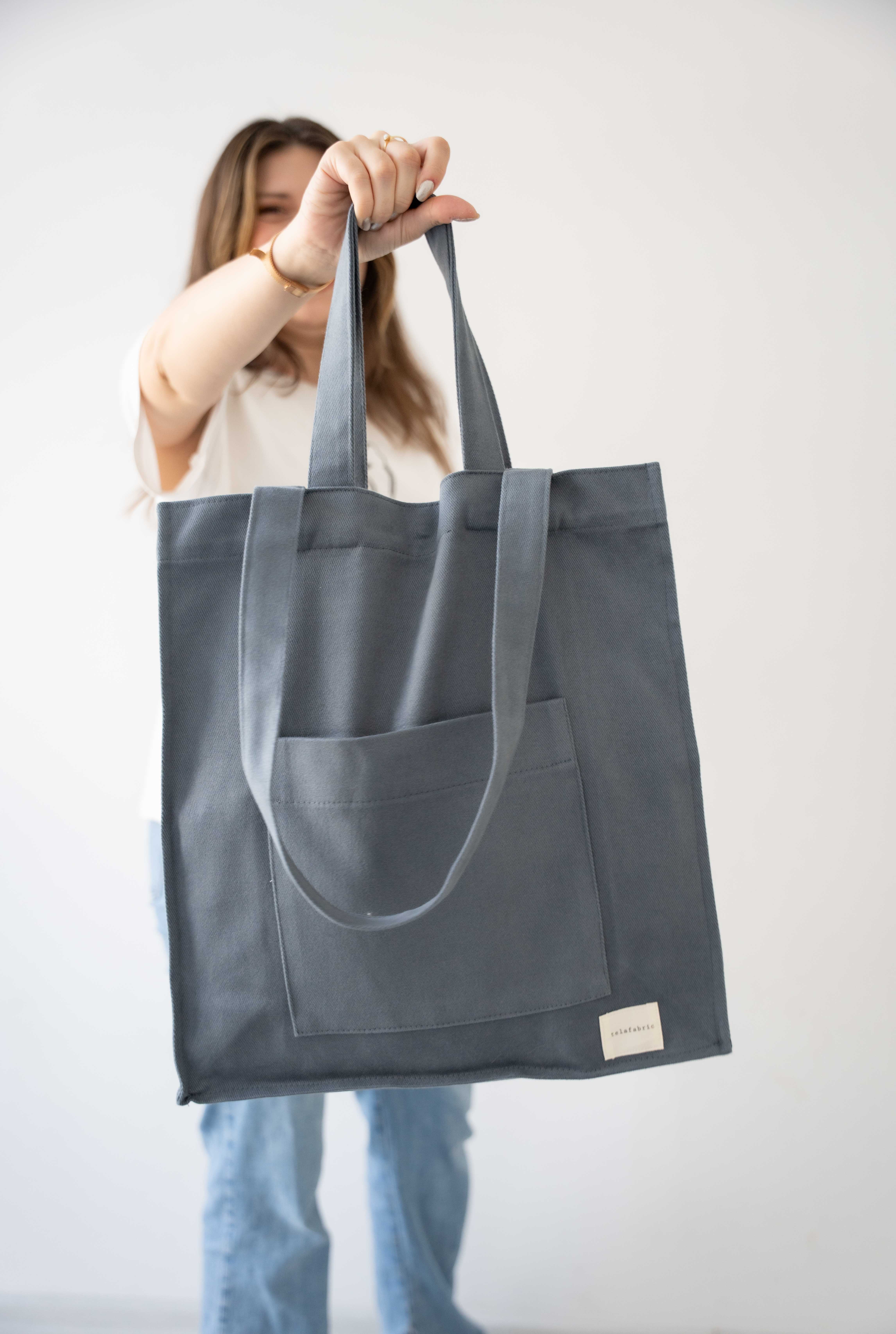 GRİ %100 PAMUK GABARDİN TOTE ÇANTA – EL YAPIMI | Telafabric