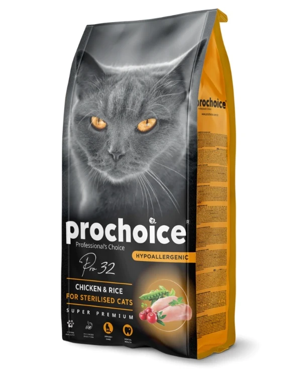 ProChoice 32 Hipoalerjenik Tavuklu ve Pirinçli Düşük Tahıllı Kısırlaştırılmış Kedi Maması 15kg - hasarlı ambalaj