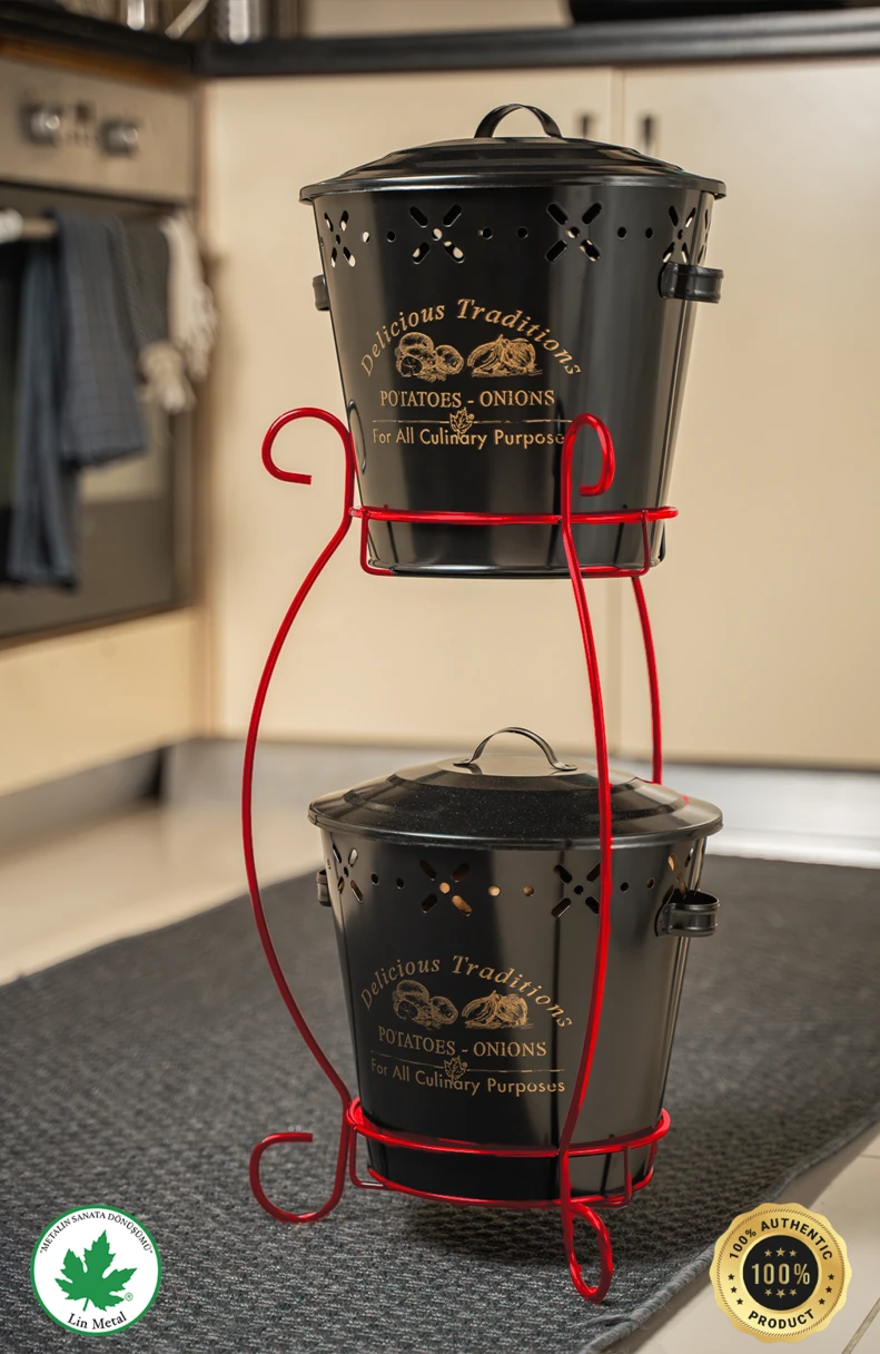 İki Katlı Konik Metal Sebzelik – Patates & Soğan Kovası