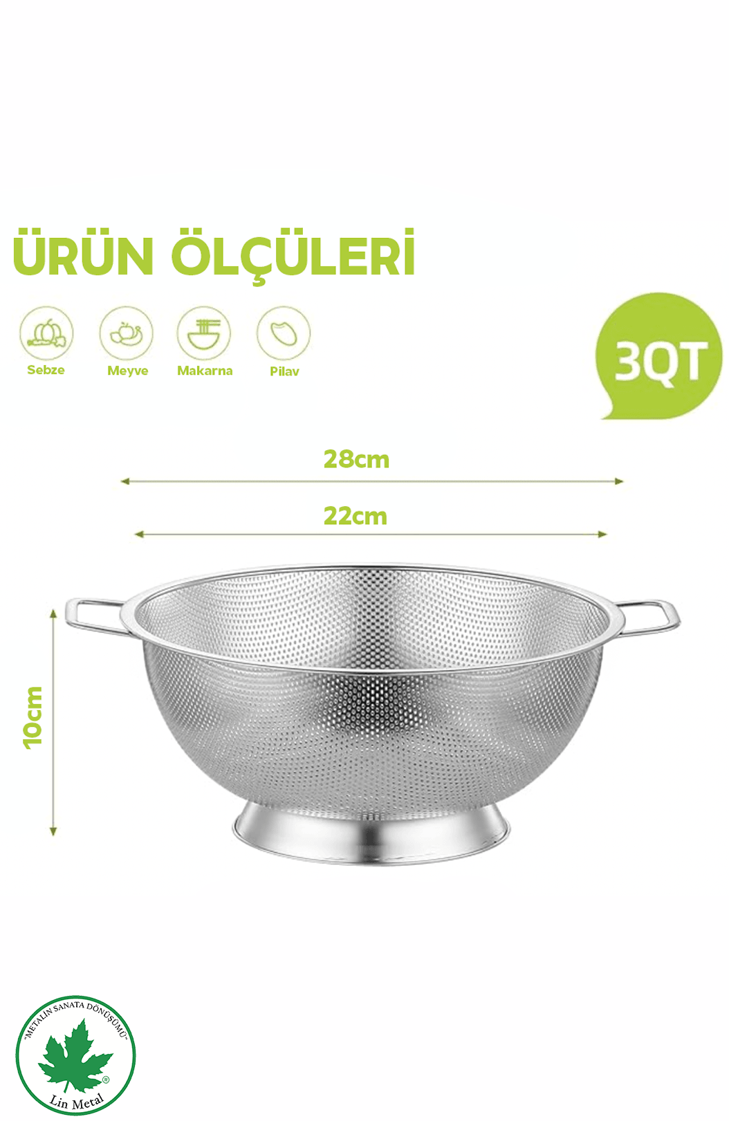 Büyük Boy Paslanmaz Çelik Makarna Süzgeci – 25 cm Metal Kulplu Kevgir 