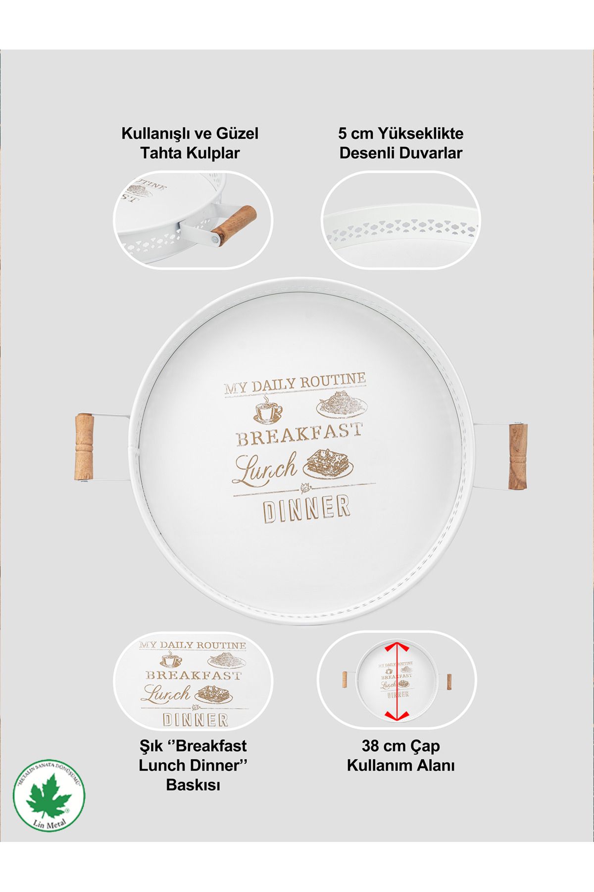 37 cm Ahşap Kulplu Desenli Metal Servis Tepsisi (Daily Routine Baskılı)