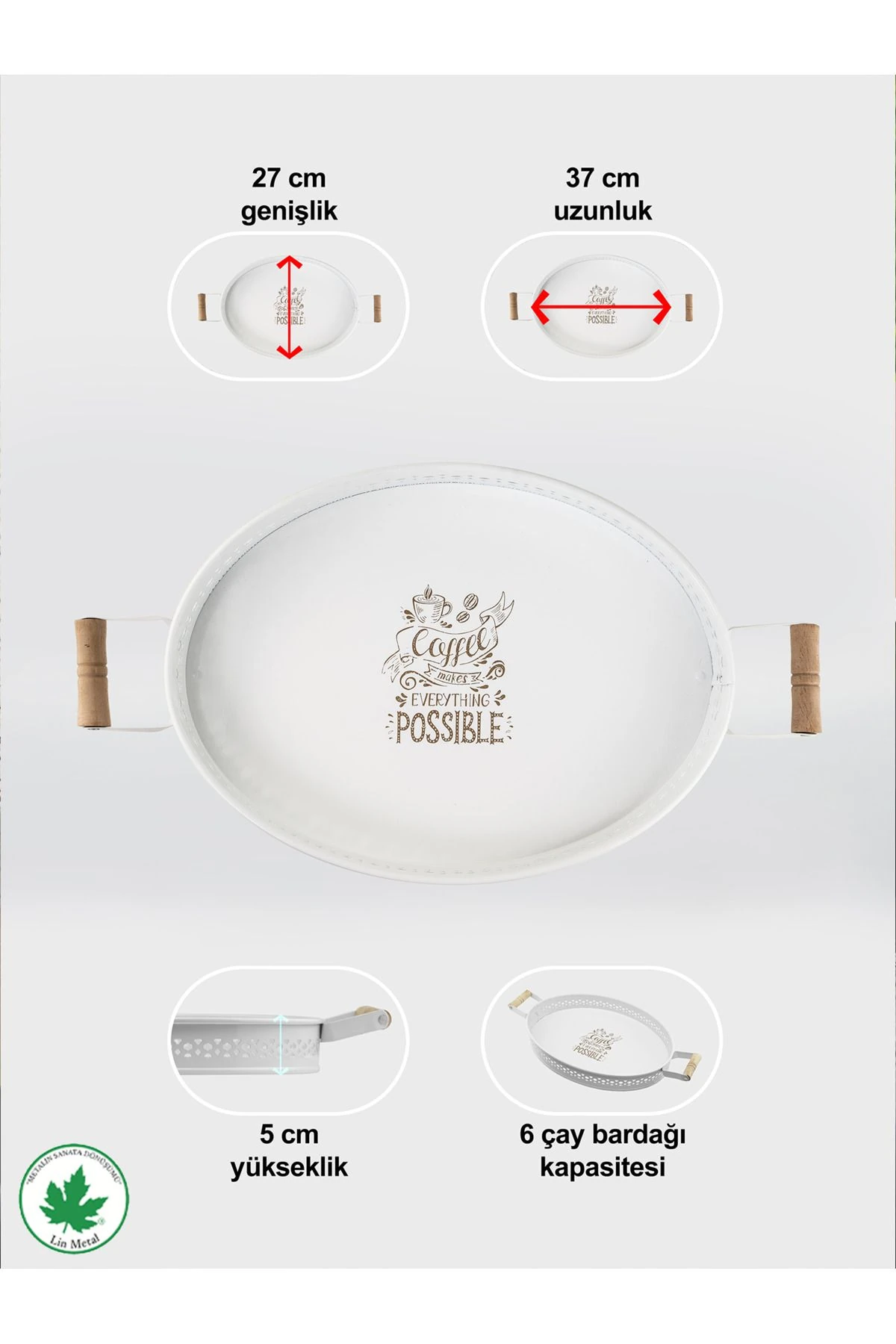 Tulipa Ahşap Kulplu Oval Tepsi DANTELLİ (Possible Baskılı)