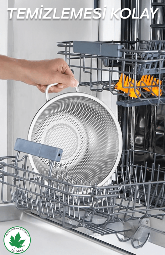 Büyük Boy Paslanmaz Çelik Makarna Süzgeci – 25 cm Metal Kulplu Kevgir 
