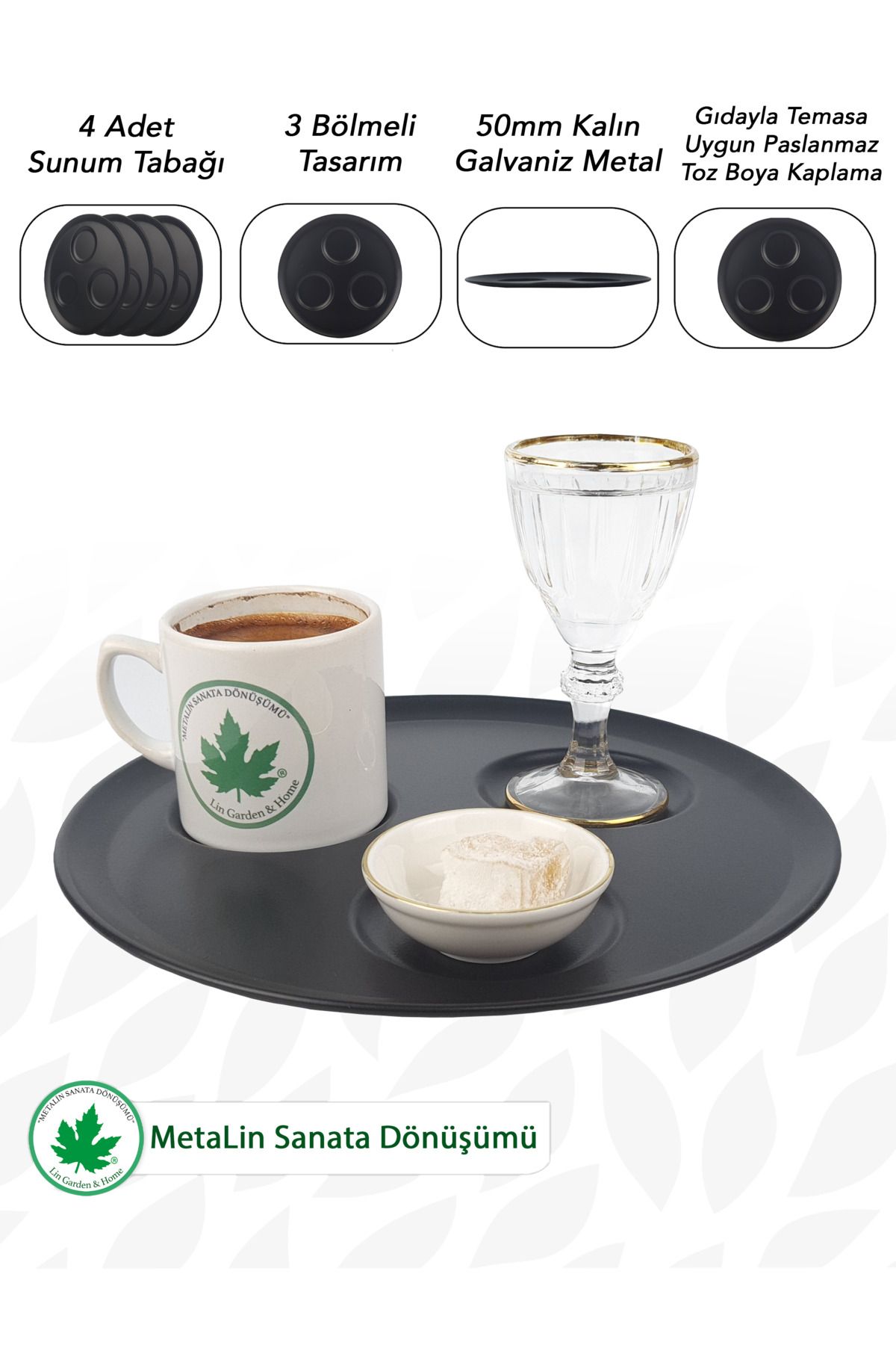 21 cm 4’lü Kahve & Su Sunum Seti – 3 Bölmeli Metal Tepsi