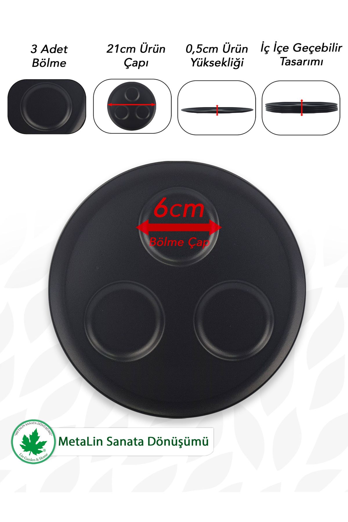 21 cm 4’lü Kahve & Su Sunum Seti – 3 Bölmeli Metal Tepsi