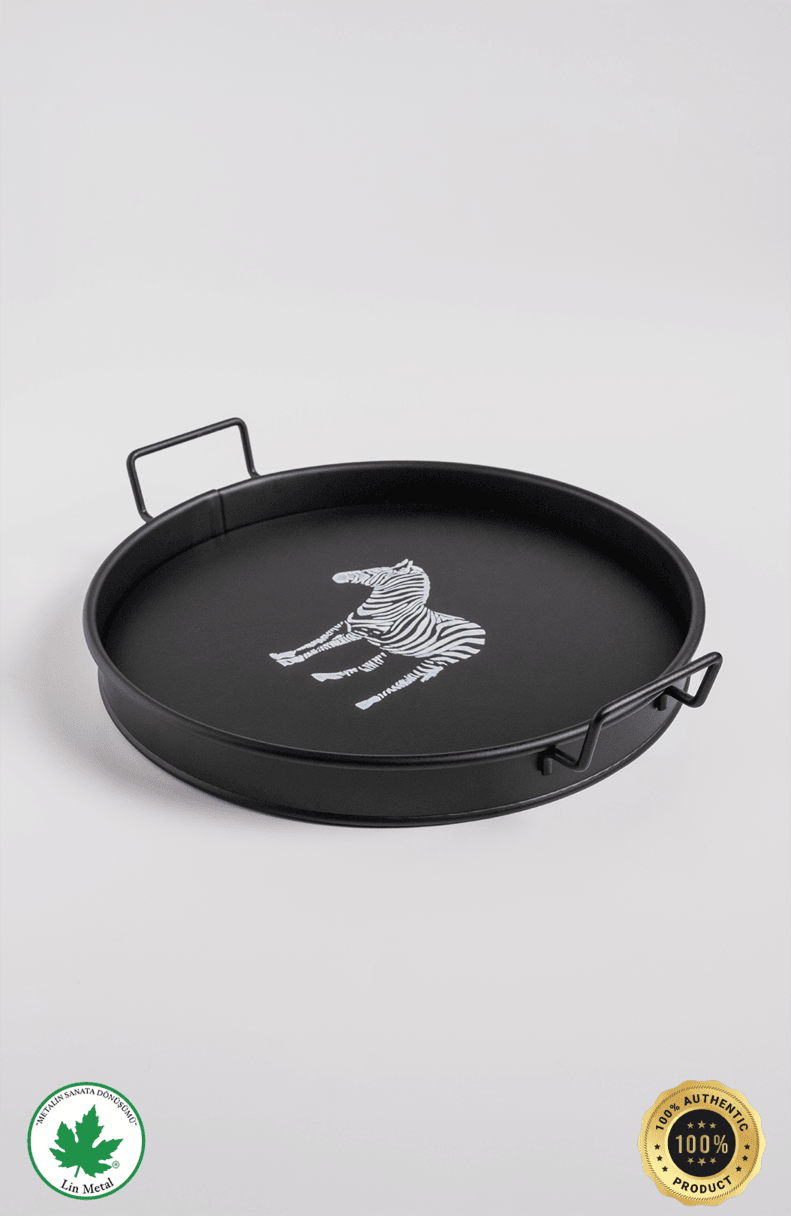 Zebra Baskılı Metal Sunum & Servis Tepsisi – 26 cm Yuvarlak Kahve & Dekoratif Tepsi