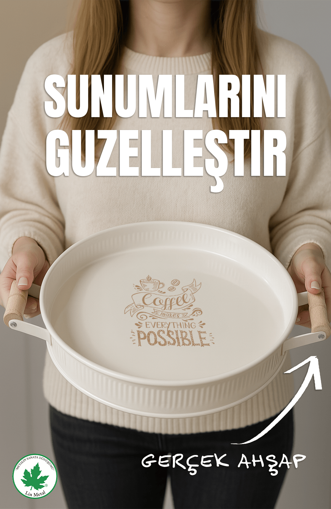 Bellis 29 cm Desenli Metal Tepsi – Ahşap Kulplu