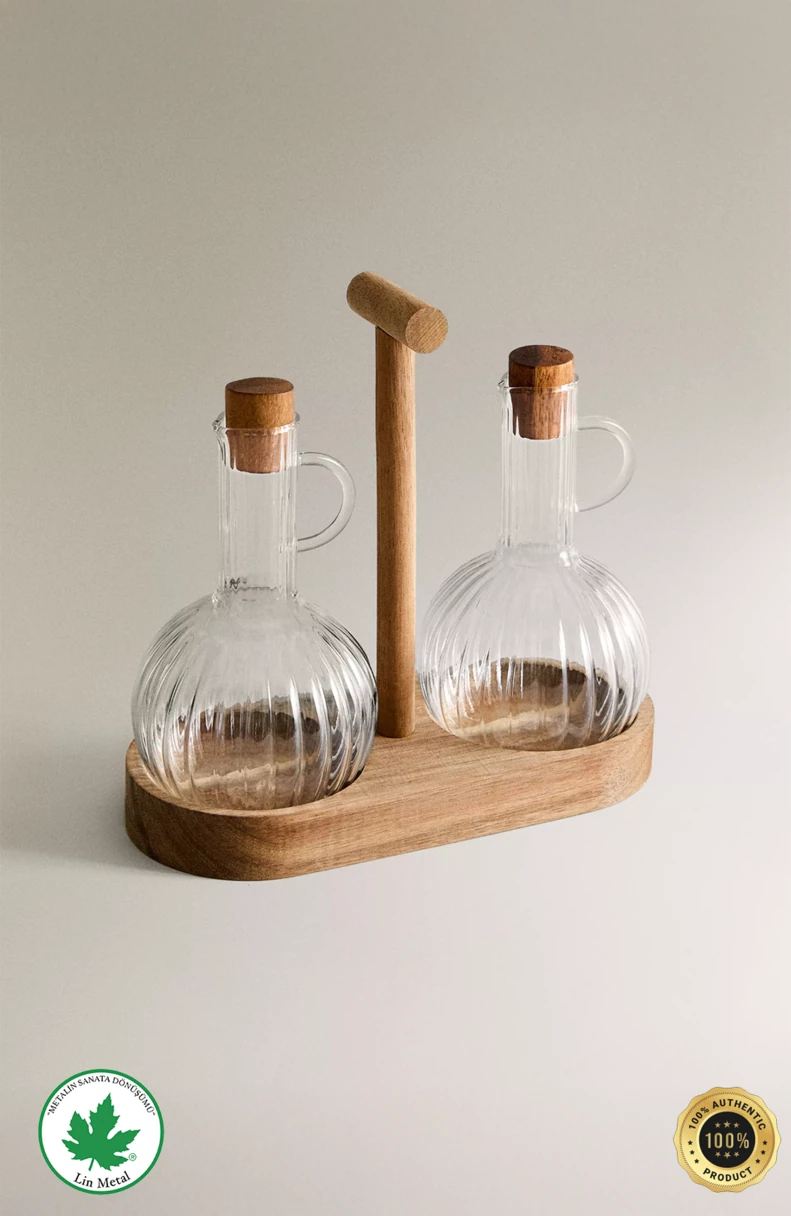 2’li Cam Yağdanlık & Sirkelik Seti – Ahşap Standlı