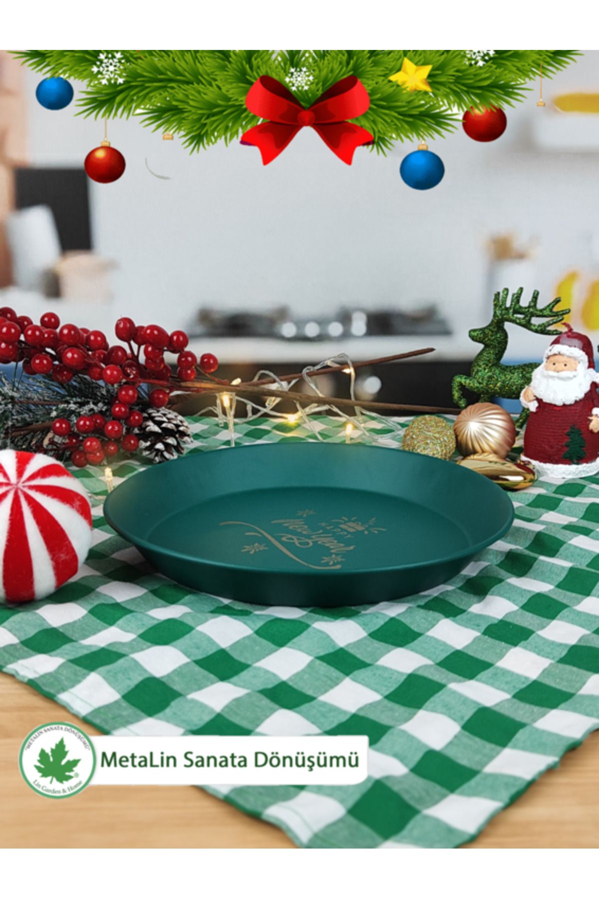 Yeşil Yılbaşı Sunum Tepsisi – 24 cm Happy New Year Baskılı Metal Servis & Kahve Tepsisi