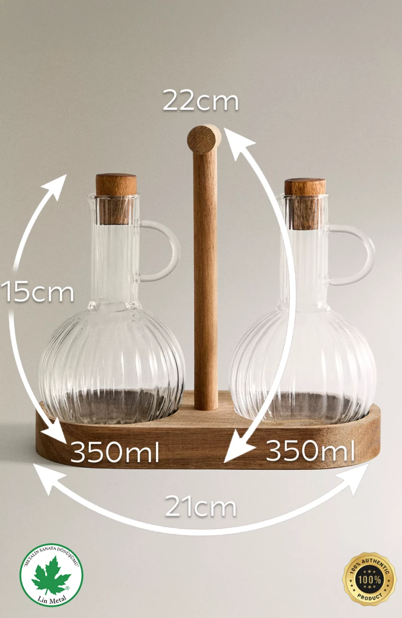 2’li Cam Yağdanlık & Sirkelik Seti – Ahşap Standlı