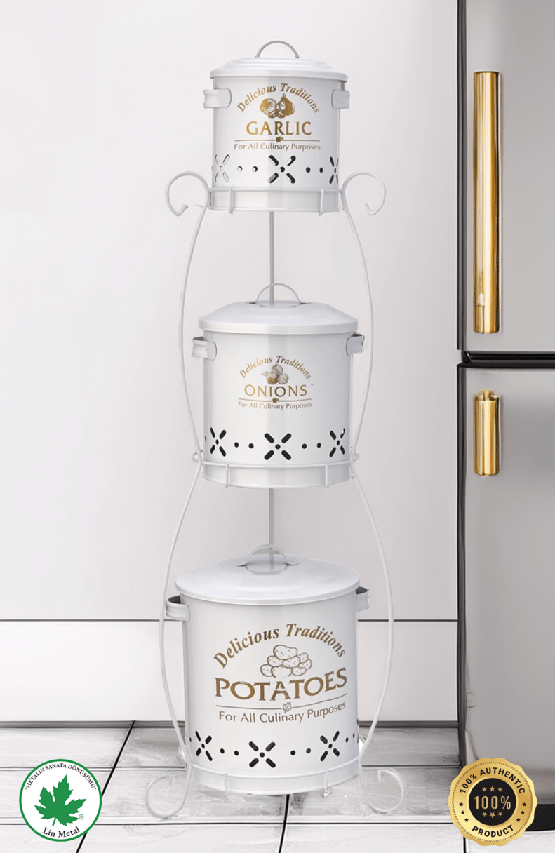 3 Katlı Ferforje Sebzelik Silindir / Patates & Soğan Kovası