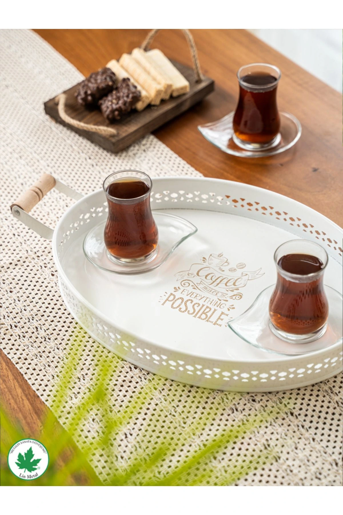 Tulipa Ahşap Kulplu Oval Tepsi DANTELLİ (Possible Baskılı)