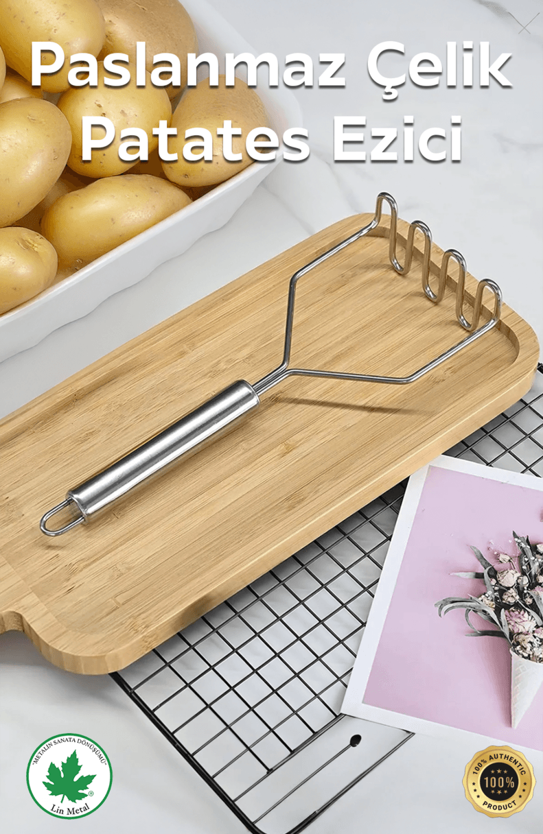 Lüks Paslanmaz Çelik Patates Ezici – 24 cm Püre Yapıcı El Aleti 
