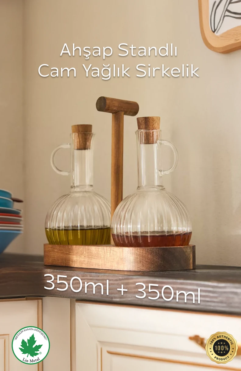 2’li Cam Yağdanlık & Sirkelik Seti – Ahşap Standlı