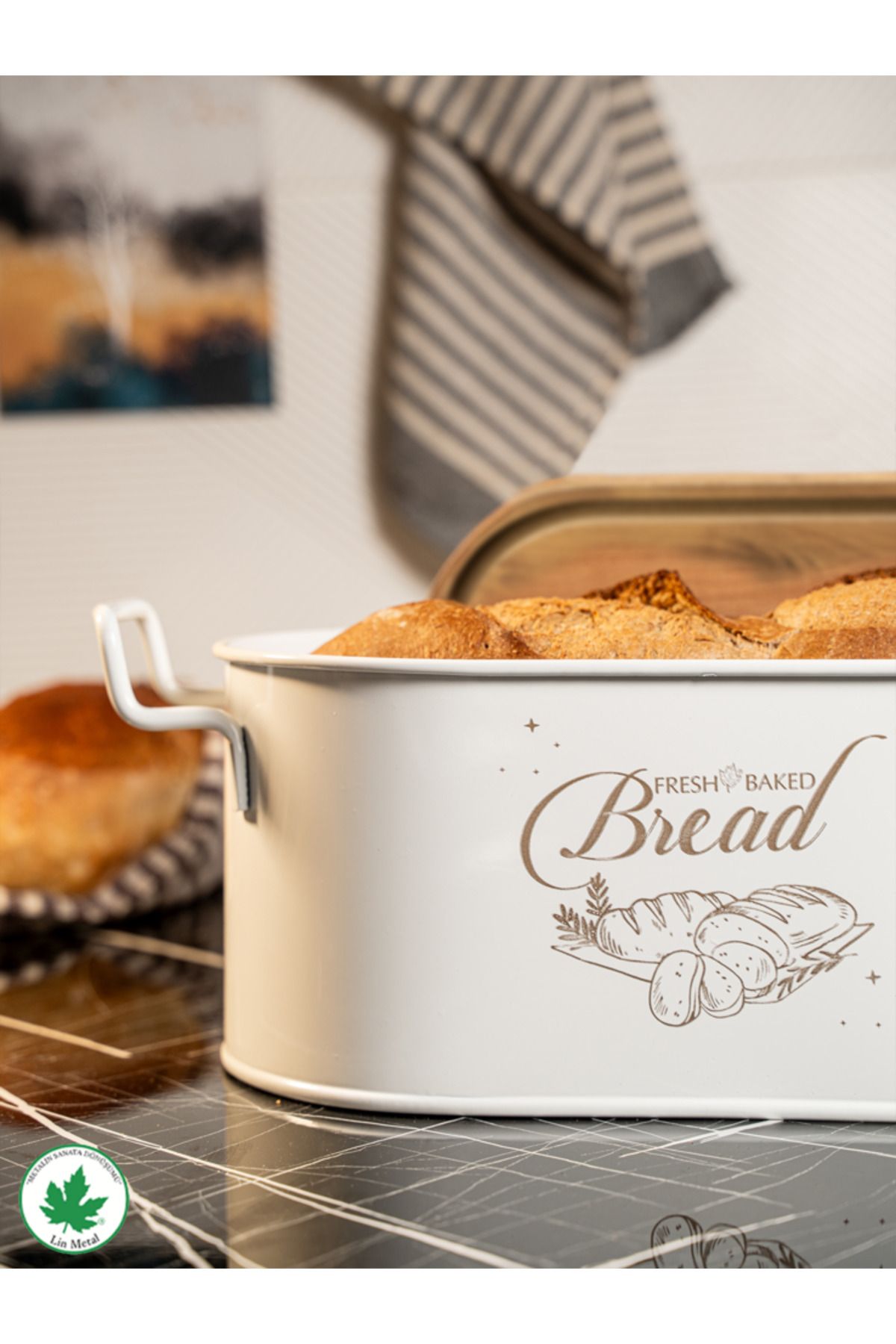 Galvaniz Metal Tel Kulplu Ekmeklik – Ahşap Kapaklı, Bread Baskılı 