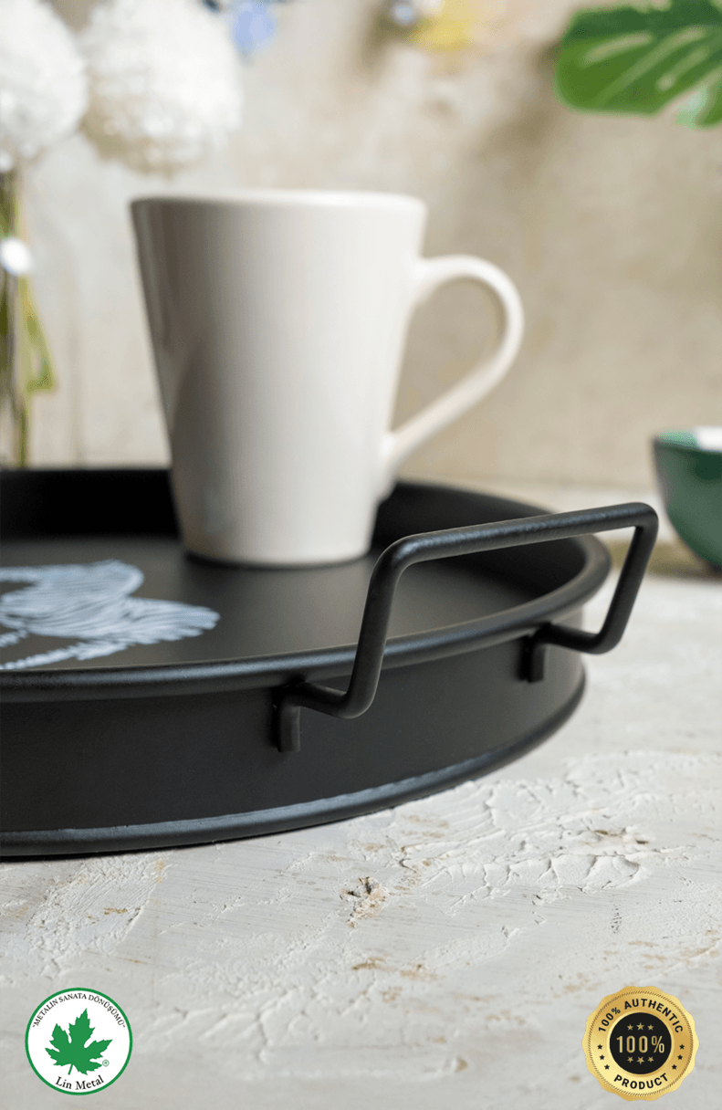 Zebra Baskılı Metal Sunum & Servis Tepsisi – 26 cm Yuvarlak Kahve & Dekoratif Tepsi