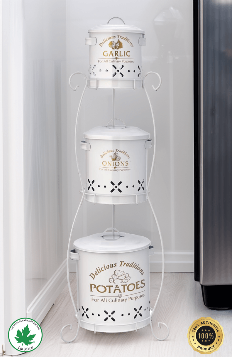 3 Katlı Ferforje Sebzelik Silindir / Patates & Soğan Kovası