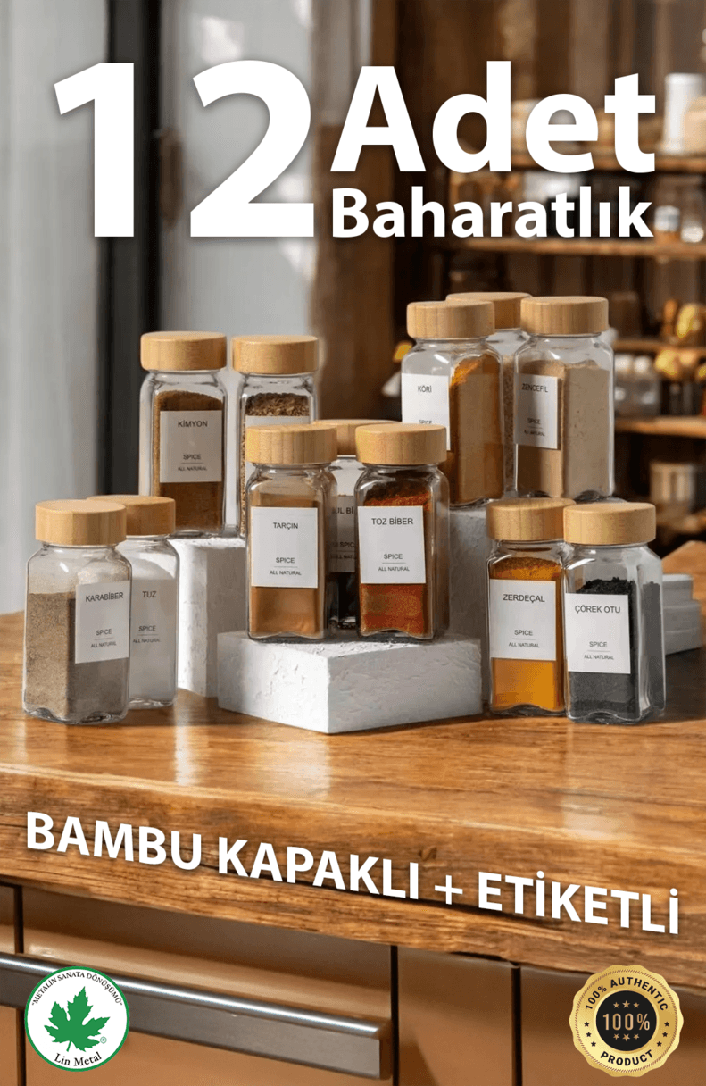 12’li Bambu Kapaklı Kare Cam Baharatlık Seti