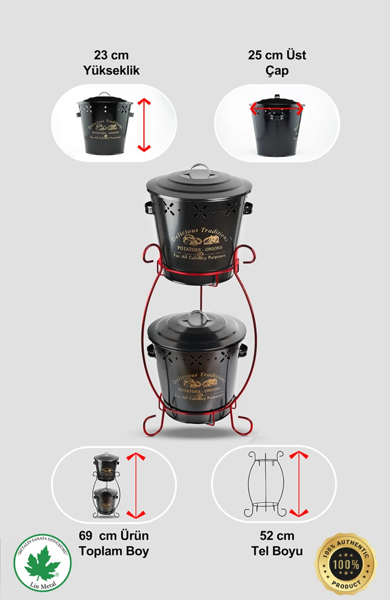 İki Katlı Konik Metal Sebzelik – Patates & Soğan Kovası