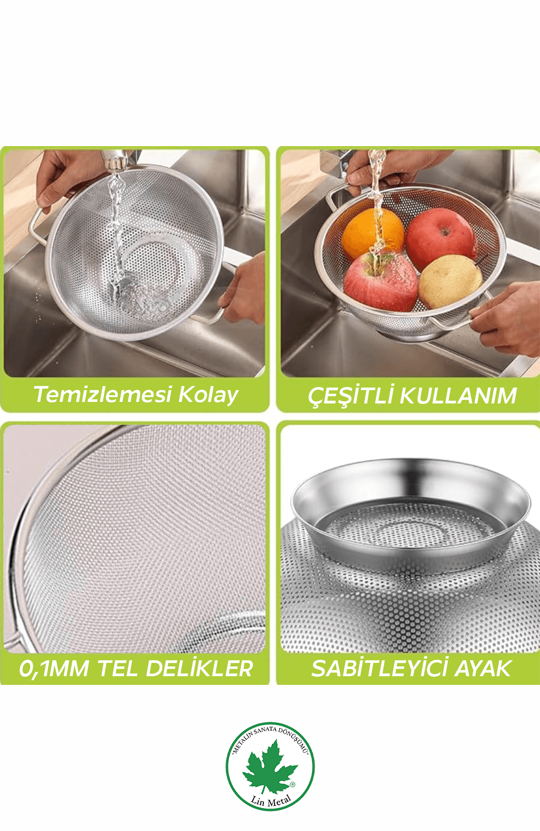 Büyük Boy Paslanmaz Çelik Makarna Süzgeci – 25 cm Metal Kulplu Kevgir 