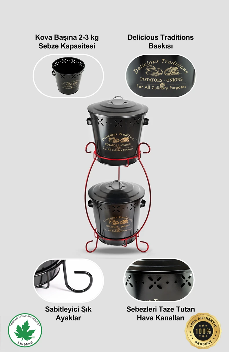 İki Katlı Konik Metal Sebzelik – Patates & Soğan Kovası