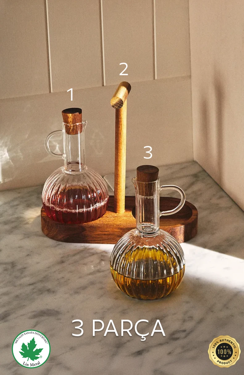 2’li Cam Yağdanlık & Sirkelik Seti – Ahşap Standlı