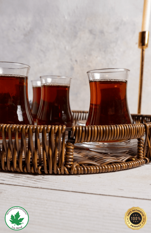 Yuvarlak Hasır Dokulu Kulplu Sunum & Servis Tepsisi – Modern Hasır Görünümlü Kahve Tepsisi (3 Boy Seçeneği)