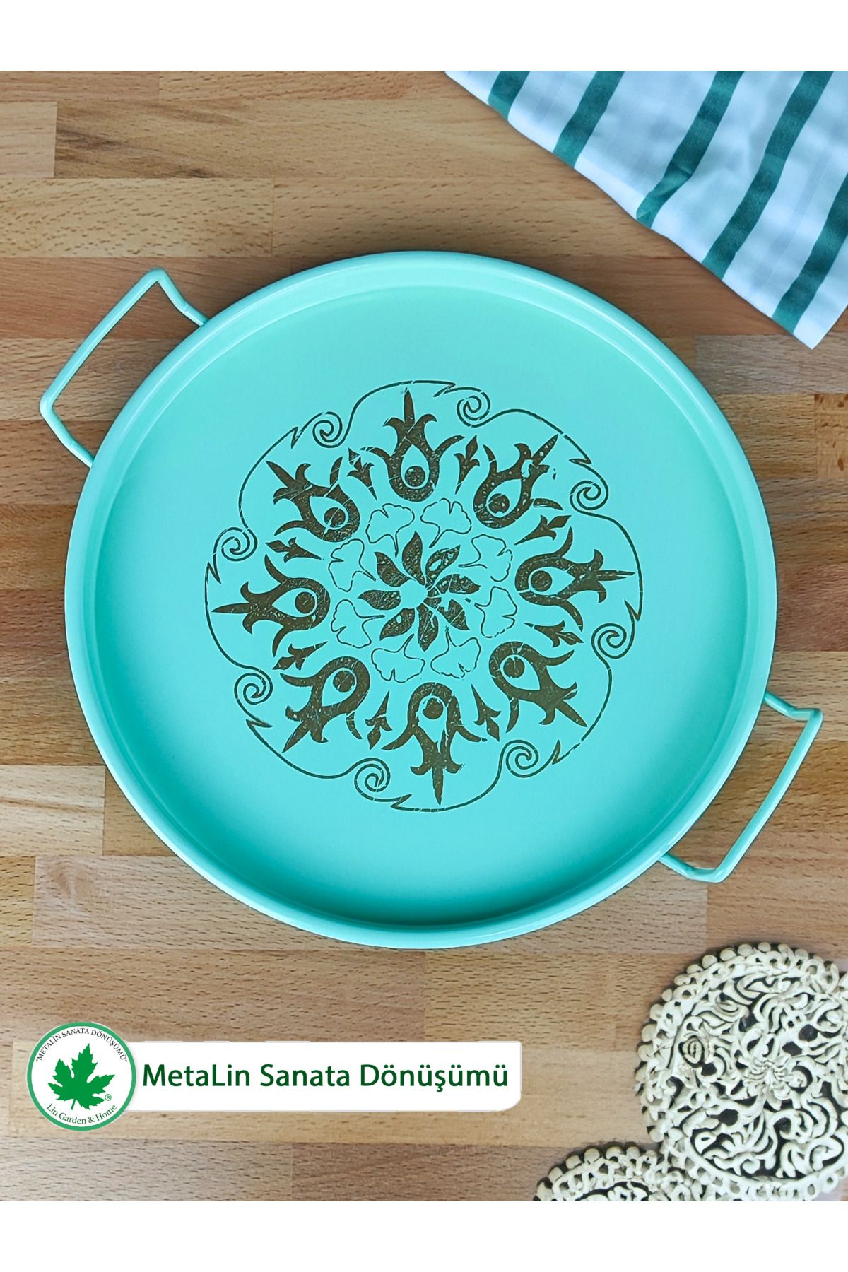 İkili Tel Kulplu Metal Servis Tepsisi 24cm (Osmanlı Baskılı)
