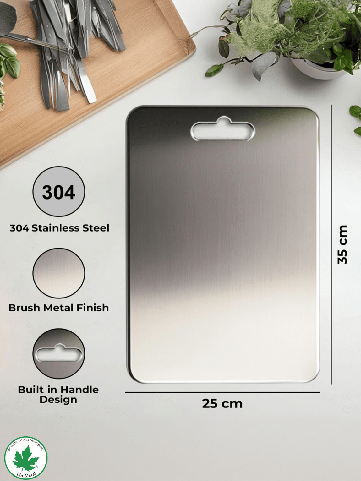 Paslanmaz Çelik Kesme Tahtası – 304 Kalite Antibakteriyel Metal Kesim Panosu | Lin Metal