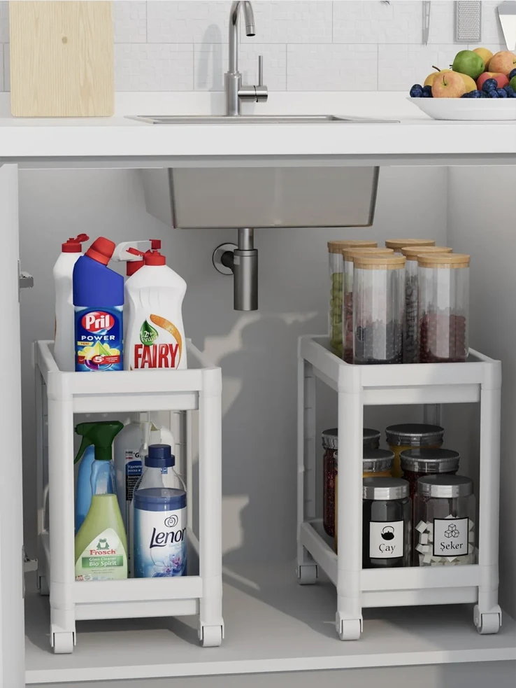 2 Katlı Tekerlekli Düzenleyici Raf | Mutfak & Evye Altı