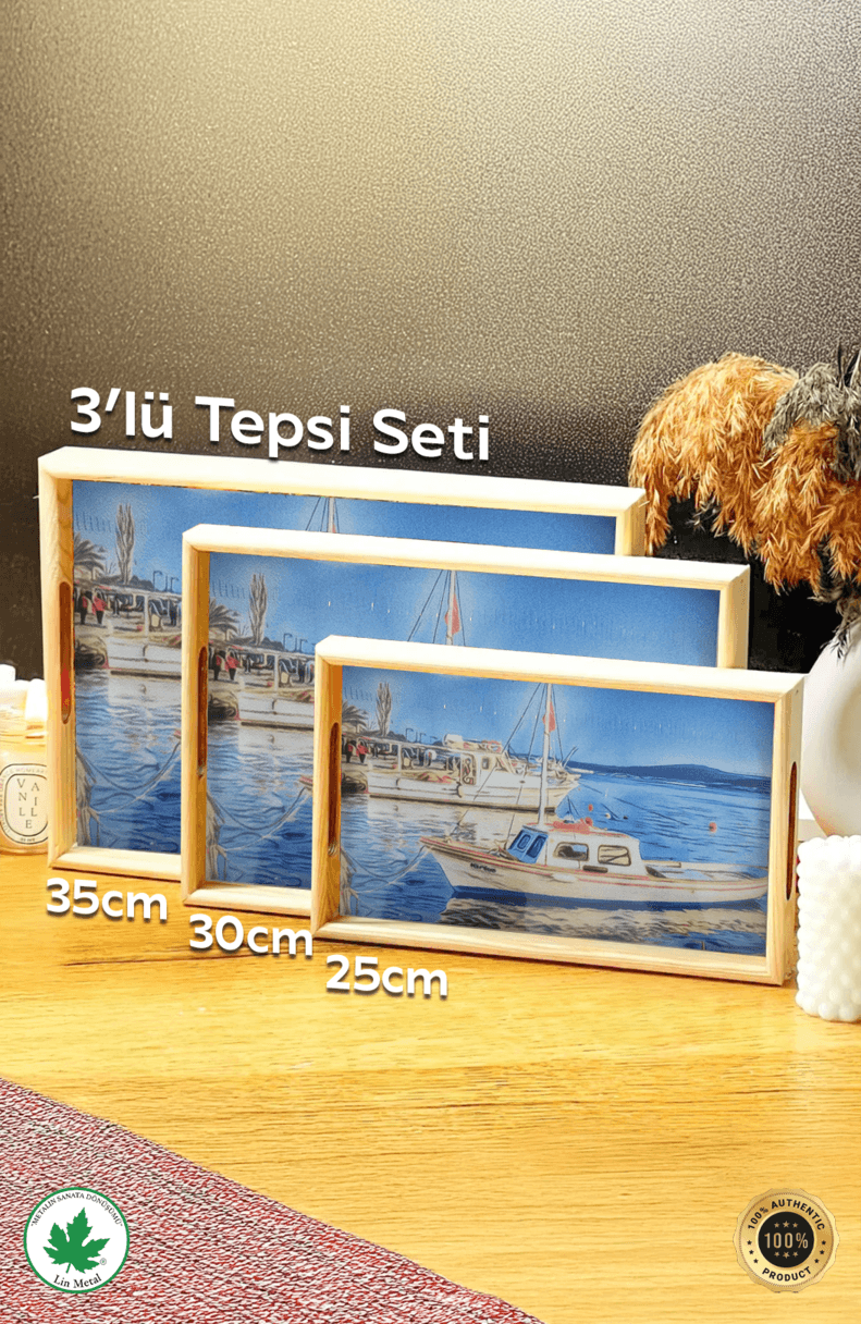 hşap 3 Boy Desenli Servis & Sunum Tepsisi – Mozaik & Gemi Tasarımlı Çay ve Kahve Tepsisi Seti