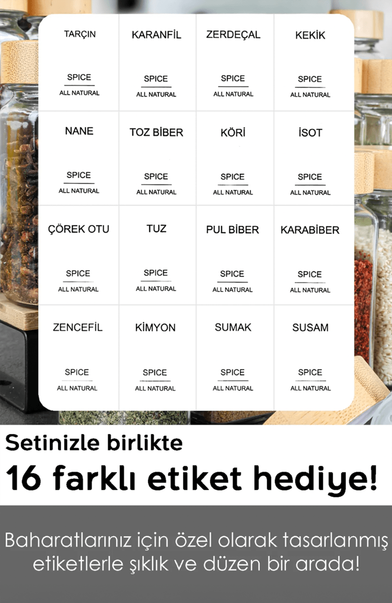12’li Bambu Kapaklı Kare Cam Baharatlık Seti