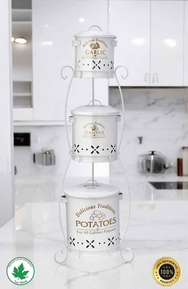 3 Katlı Ferforje Sebzelik Silindir / Patates & Soğan Kovası
