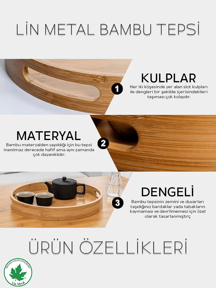 Yuvarlak Bambu Kulplu Sunum & Servis Tepsisi – Modern Ahşap Kahve Tepsisi (3 Boy Seçeneği)