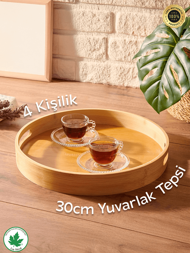 Yuvarlak Bambu Kulplu Sunum & Servis Tepsisi – Modern Ahşap Kahve Tepsisi (3 Boy Seçeneği)