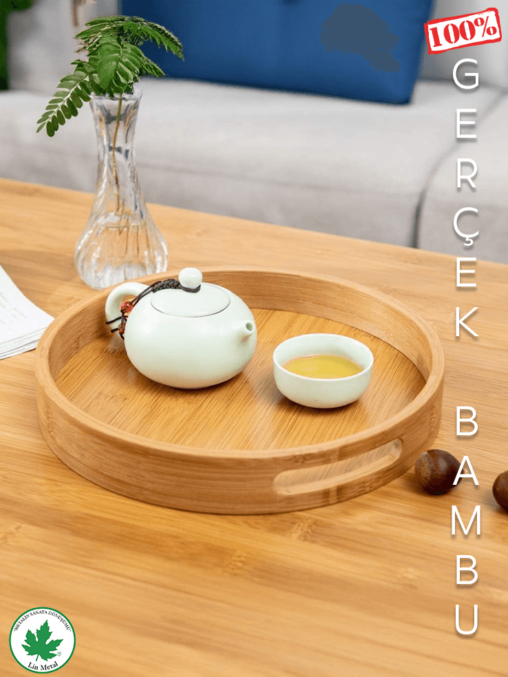 Yuvarlak Bambu Kulplu Sunum & Servis Tepsisi – Modern Ahşap Kahve Tepsisi (3 Boy Seçeneği)