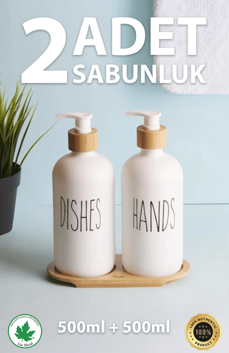 2’li Siyah-Beyaz Porselen Sabunluk Seti – Bambu Tepsili