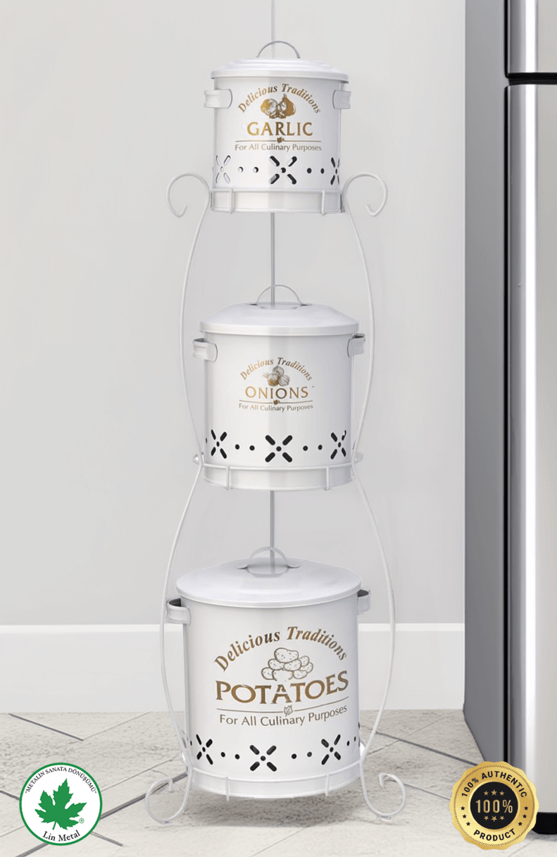 3 Katlı Ferforje Sebzelik Silindir / Patates & Soğan Kovası