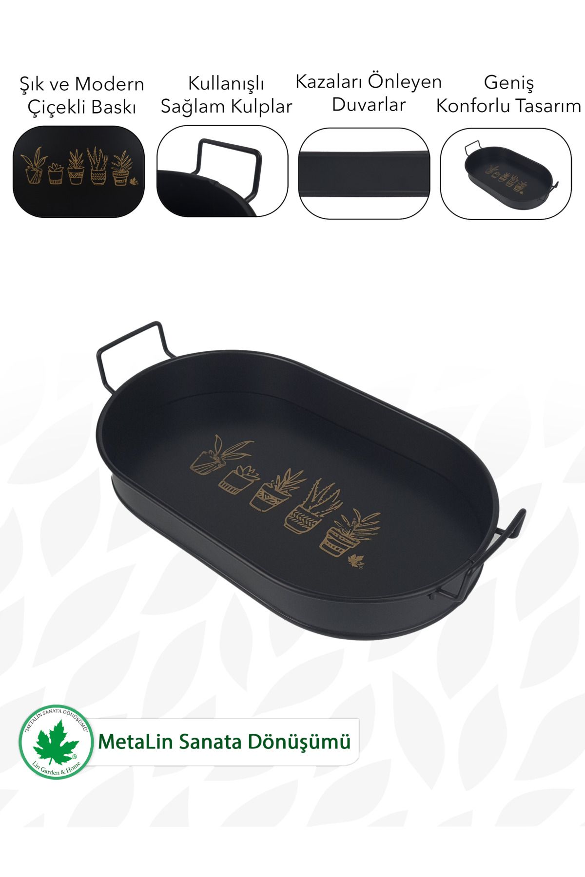 Tel Kulplu Metal Baton Sunum Tepsisi, Kahve Tepsisi 32cmx19cm, Servis, Organizer (4 Çiçek Baskılı)
