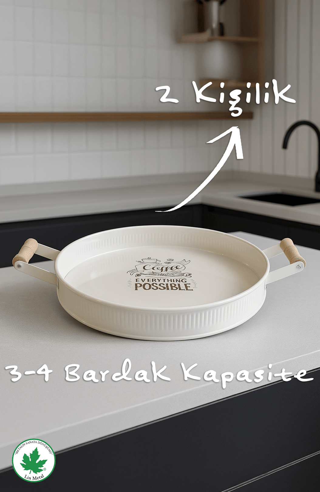 Bellis 29 cm Desenli Metal Tepsi – Ahşap Kulplu
